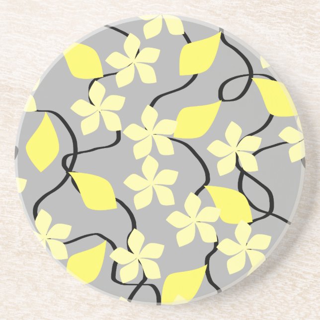 Porta-copos De Arenito Flores amarelas e cinzentas. Teste padrão floral (Frente)