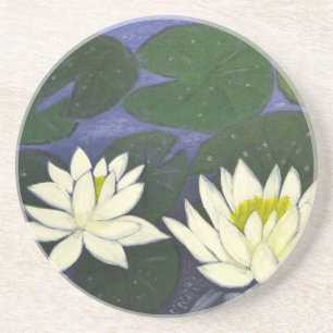 Porta-copos De Arenito Flores Aquáticas Brancas, Pintura acrílica