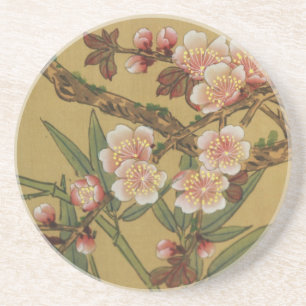 Porta-copos De Arenito Flores Asiáticas Japonesas de Cerejeira Vintage