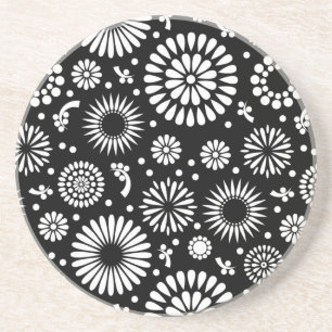 Porta-copos De Arenito Flores boho Padrão floral vetorial preto e branco