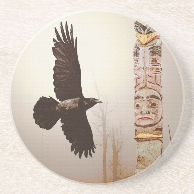 Porta-copos De Arenito Flying Raven & Totem-Pole Fantasy Art (Frente)