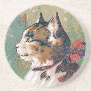 Porta-copos De Arenito Gato com ilustração vermelha do vintage da fita