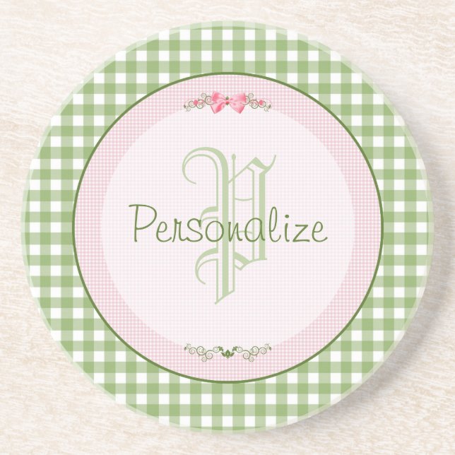 Porta-copos De Arenito Girly Green Gingham Monograma Com Nome (Frente)
