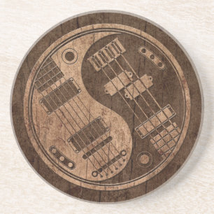 Porta-copos De Arenito Guitarra e Yin baixo Yang com efeito de madeira da