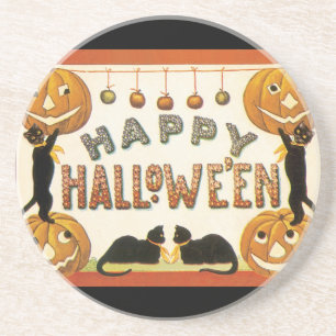 Porta-copos De Arenito Halloween Antigo, Gatos Pretos com Jackolanterns