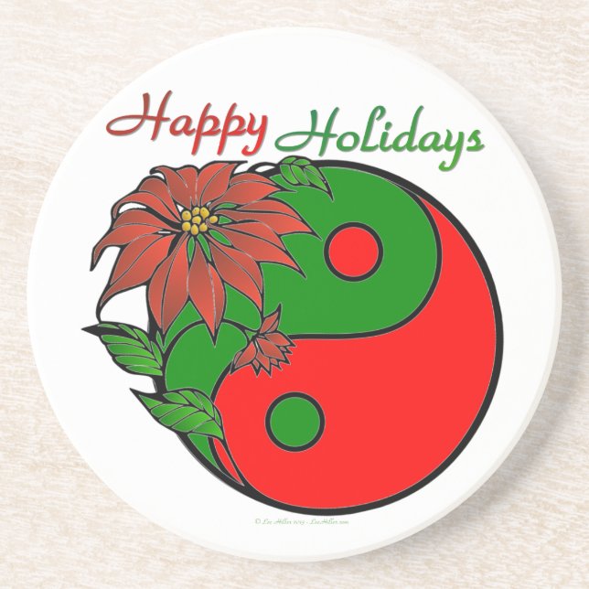 Porta-copos De Arenito Holiday Yin Yang Poinsettia Green Red (Frente)