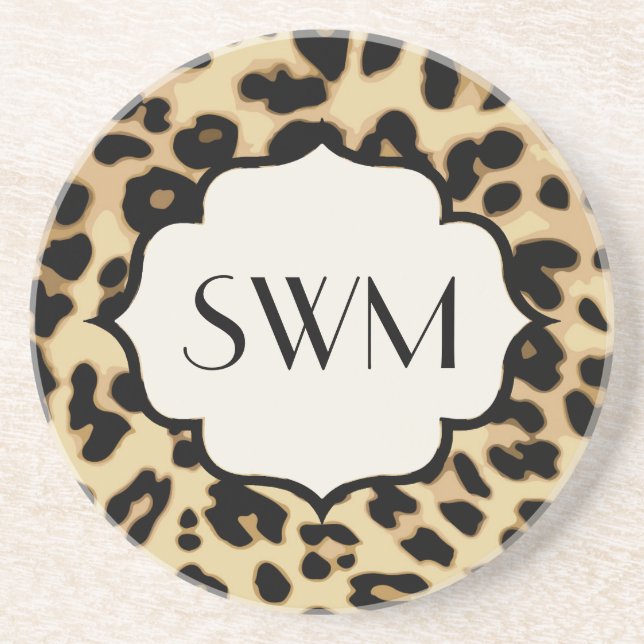 Porta-copos De Arenito Impressão Sassy Leopard Monogramada (Frente)