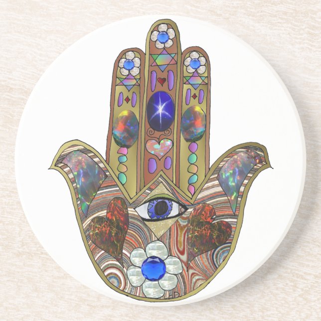Porta-copos De Arenito Judaica Hamsa Hearts Flowers Opal Art Impressão (Frente)