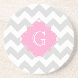 Porta-copos De Arenito Luz - monograma cor-de-rosa de Chevron Quatrefoil