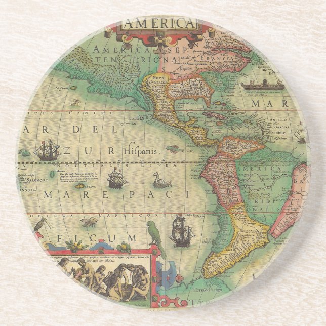 Porta-copos De Arenito Mapa antigo mundial das Américas, 1606 (Frente)