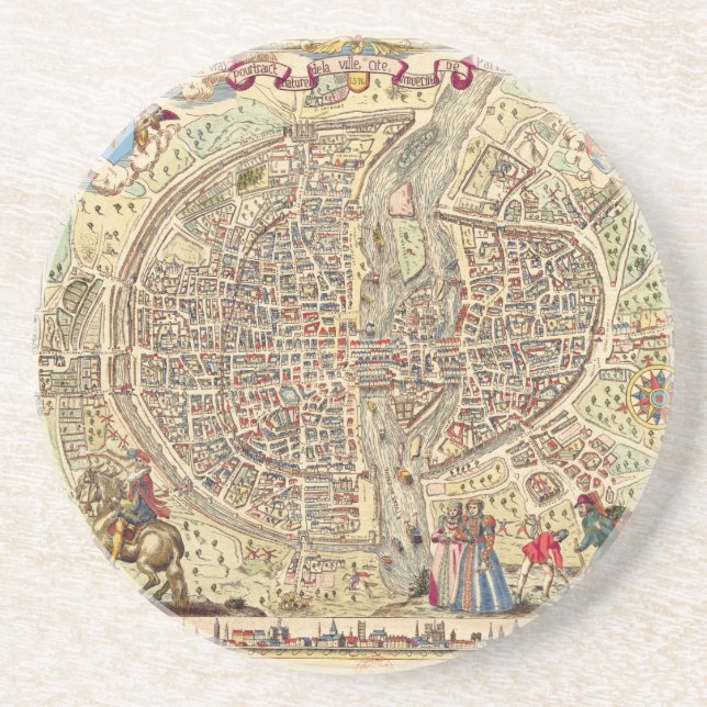 Porta-copos De Arenito Mapa de Paris, 1576 (Frente)