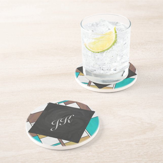 Porta-copos De Arenito Mondrian Brown Yellow Teal Impressão (Lateral)