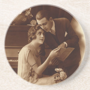Porta-copos De Arenito Música Romântica Vintage, Amantes do Amor e do Rom