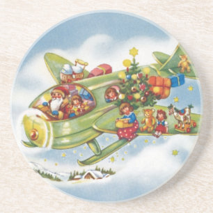 Porta-copos De Arenito Natais vintages, Papai Noel voando um avião