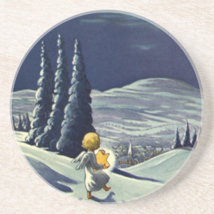 Porta-copos De Arenito Natal Antigo, Anjo da Neve Caminhando com uma Estr