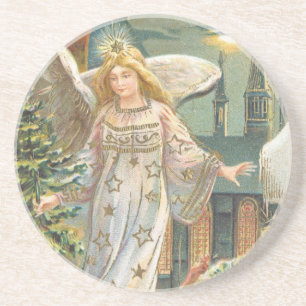 Porta-copos De Arenito Natal Antigo, Anjo Vitoriano com Árvore