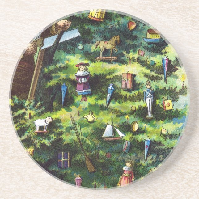 Porta-copos De Arenito Natal Antigo, Papai Noel Vitoriano com Árvore (Frente)