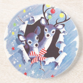 Porta-copos De Arenito Natal azul da rena do vintage doce super