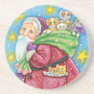 Porta-copos De Arenito Natal fofo, Papai Noel com Gatinhos e Gatos!