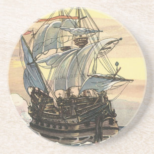 Porta-copos De Arenito Navio Pirata Antigo, Galeão Navegando no Oceano
