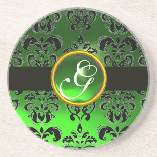 Porta-copos De Arenito NEGRO E VERDE DAMASK Emerald Monograma