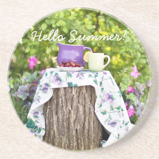 Porta-copos De Arenito Olá, Summer Tea e Ameixas no Jardim (Frente)