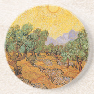 Porta-copos De Arenito Oliveiras, céu amarelo e sol, Vincent van Gogh