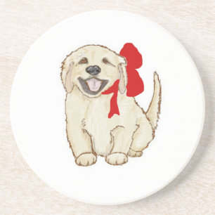 Porta-copos De Arenito Ouro Retriever Puppy com fita vermelha