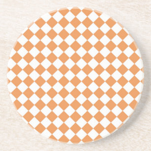 Porta-copos De Arenito Padrão de xadrez em diamante laranja pastel e bran