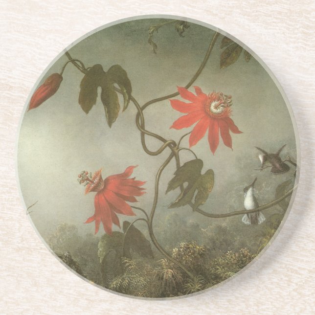 Porta-copos De Arenito Passion Flowers e Hummingbird por Martin J Heade (Frente)