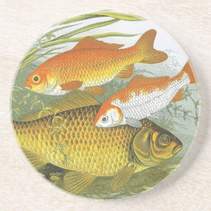 Porta-copos De Arenito Peixes Dourados Aquáticos Antigos Koi, Vida Marinh