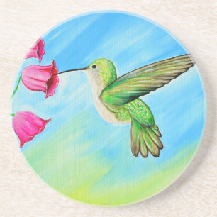 Porta-copos De Arenito Pintura de flores de cela rosa e beija-flor