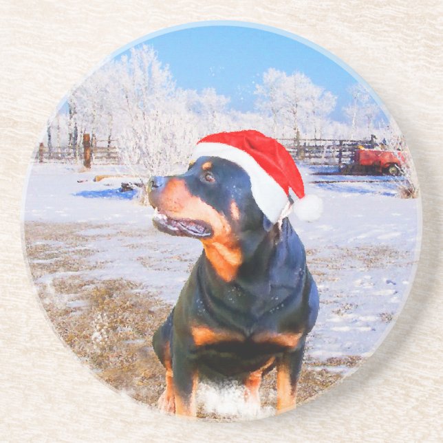 Porta-copos De Arenito Pintura de Natal do Cão Rottweiler (Frente)