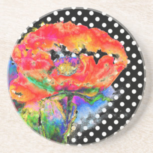 Porta-copos De Arenito Red Poppy preto e branco pontos de polca