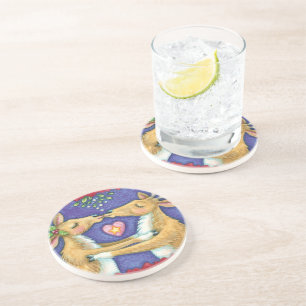 Porta-copos De Arenito Renas de Natal Fofas, Beijo Romântico com Azevinho