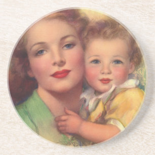 Porta-copos De Arenito Retrato de Família Mãe e Filho Vintage