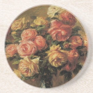 Porta-copos De Arenito Rosas em um Vaso de Pierre Renoir, Arte Fino Antig