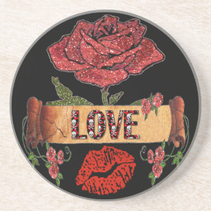 Porta-copos De Arenito Rosas Rockabilly RAB, Amor & Batom