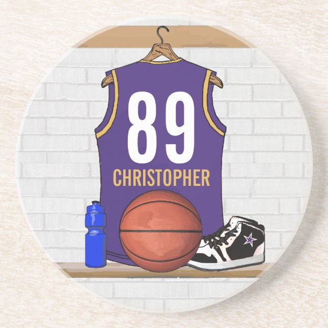 Porta-copos De Arenito Roxo Personalizado e Basquete Dourado (Frente)