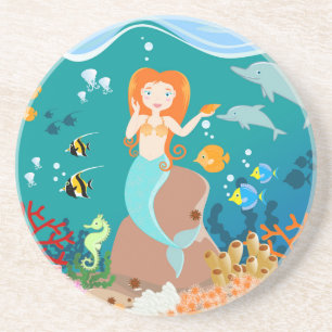 Porta-copos De Arenito Sereia e golfinhos sob a festa de aniversário marí