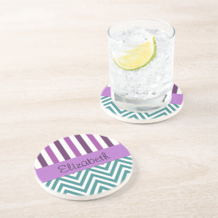 Porta-copos De Arenito Seu Nome - Padrão Zigzag, Chevron - Azul Branco