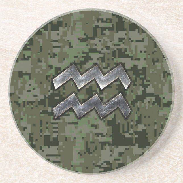 Porta-copos De Arenito Símbolo Aquarius Zodiac na Camuflagem Digital Verd (Frente)