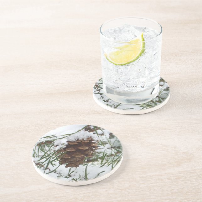 Porta-copos De Arenito Snowy Pine Cone I Winter Nature Photoshop (Lateral)