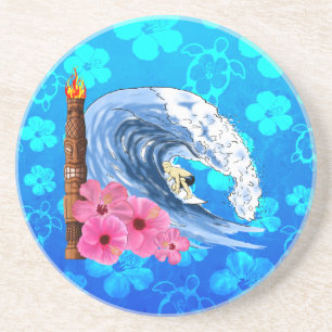 Porta-copos De Arenito Surfista e estátua de Tiki