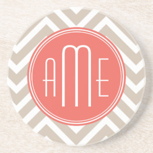 Porta-copos De Arenito Taupe e Coral Elegantes com Monograma Personalizad