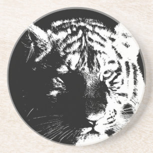 Porta-copos De Arenito Tigre Pop de Arte Preto e Branco