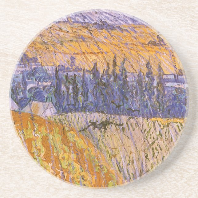 Porta-copos De Arenito Vincent van Gogh - Paisagem em Auvers na Chuva (Frente)