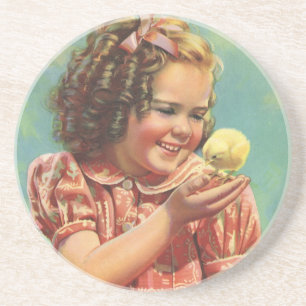 Porta-copos De Arenito Vintage Girl com Pintinho de bebê, feliz sorriso i