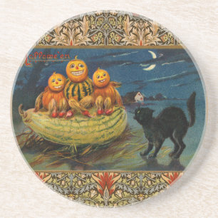 Porta-copos De Arenito Vintage Halloween Pumpkins Black Cat