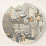 Porta-copos De Arenito Vintage Science Fiction Urban Paris, Steam Punk<br><div class="desc">Ilustração vítrea Vintage punk vapor vitoriano Science Fiction viagem futurista e metrópole de transporte. A cidade de Paris,  a França,  no futuro,  com aviões de dimensão pessoal em vez de carros e a estação de metro Gare du Nord.</div>